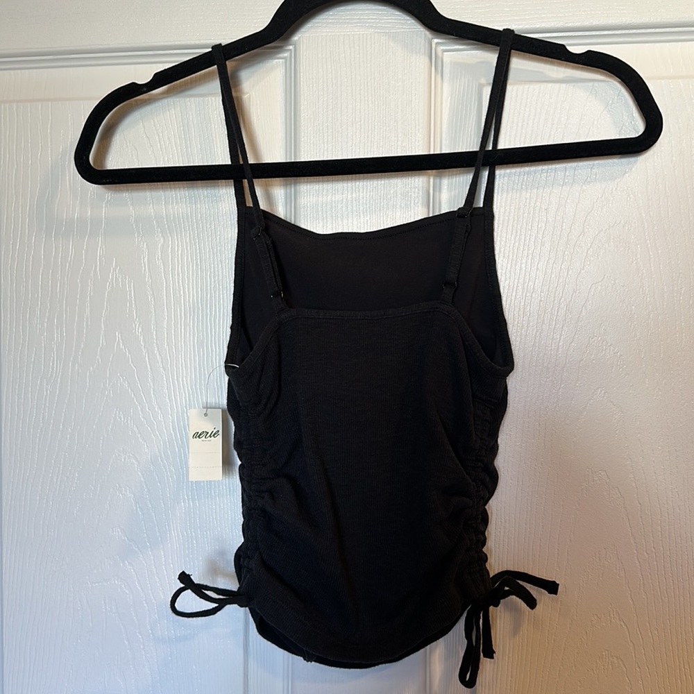 Aerie NWT black tank top with cinched sides, inner bra, women’s XS - Picture 2 of 7